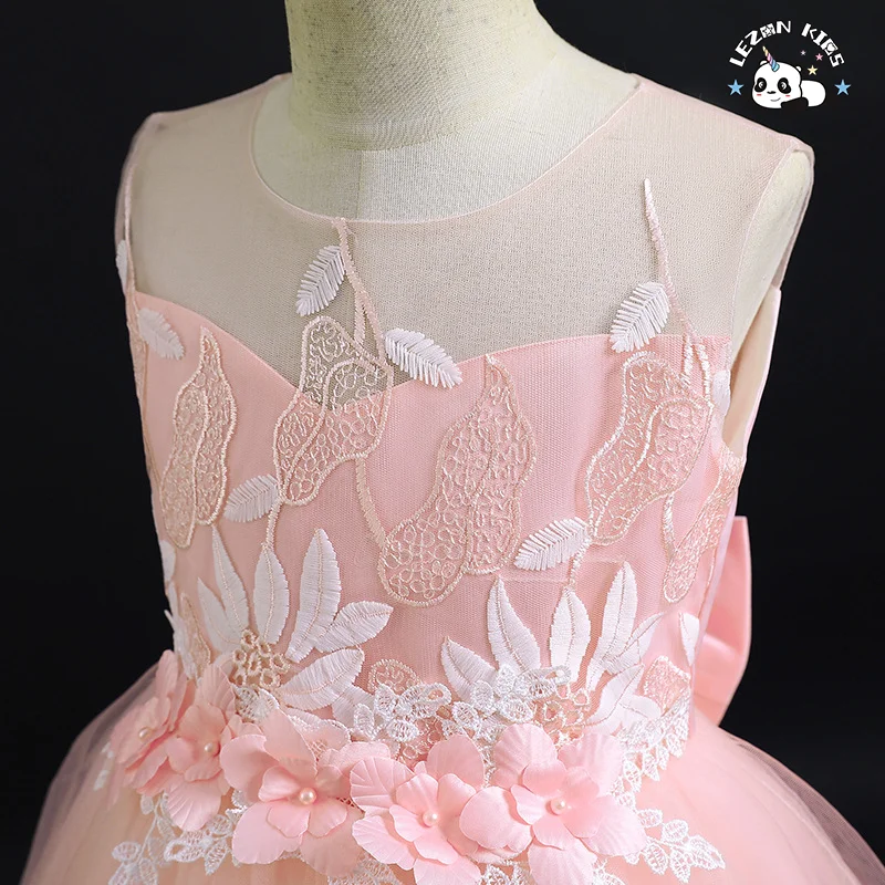 LEZONKIDS - Western style tailed girl wedding dress elegant crew neck baby girls dress design kid beaded dresses for girls of 10 year old